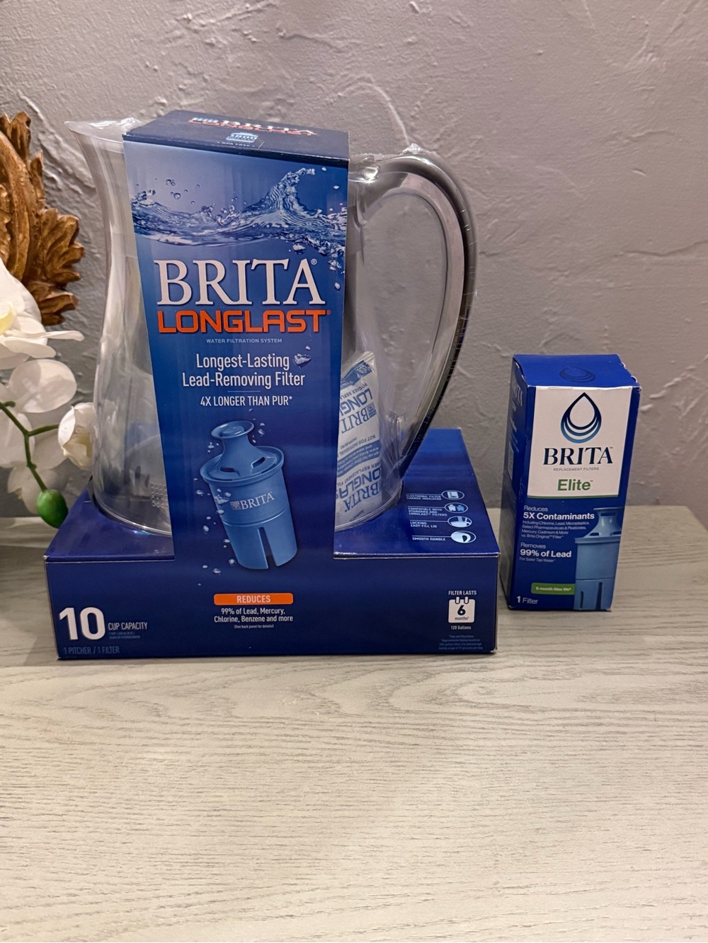 BRITA Longlast 10-Cup Water Pitcher in Clear with Blue Accents With Extra Filter